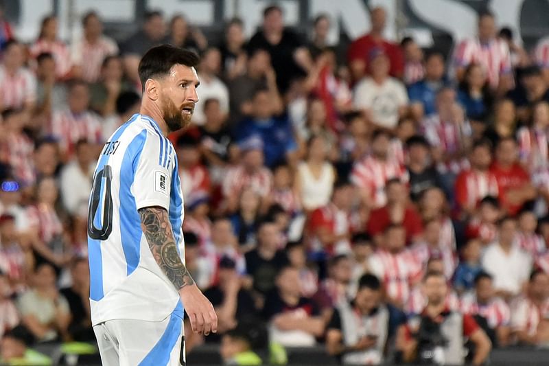 Argentina's forward #10 Lionel Messi looks on during the 2026 FIFA World Cup South American qualifiers football match between Paraguay and Argentina at the Ueno Defensores del Chaco stadium in Asuncion on 14 November, 2024