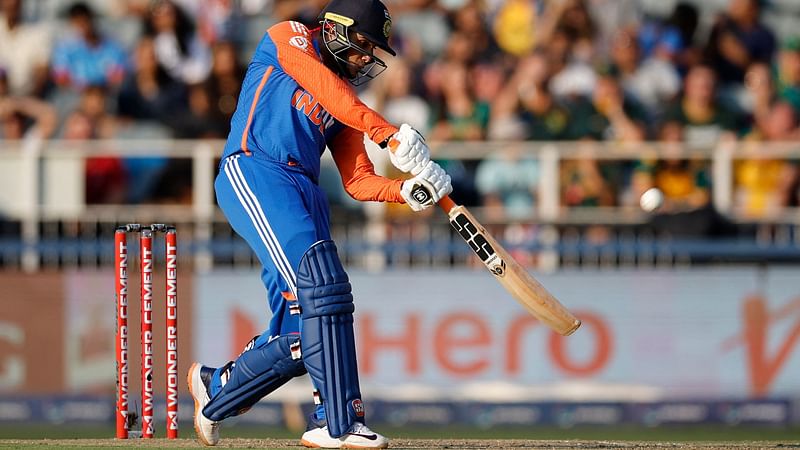 India's Abhishek Sharma hits a six during the fourth T20 international cricket match between South Africa and India at Wanderers stadium in Johannesburg on 15 November, 2024