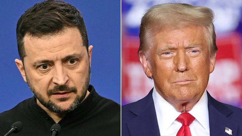 This combination of pictures created on 15 November, 2024 shows Ukraine's President Volodymyr Zelensky and  US president-elect Donald Trump