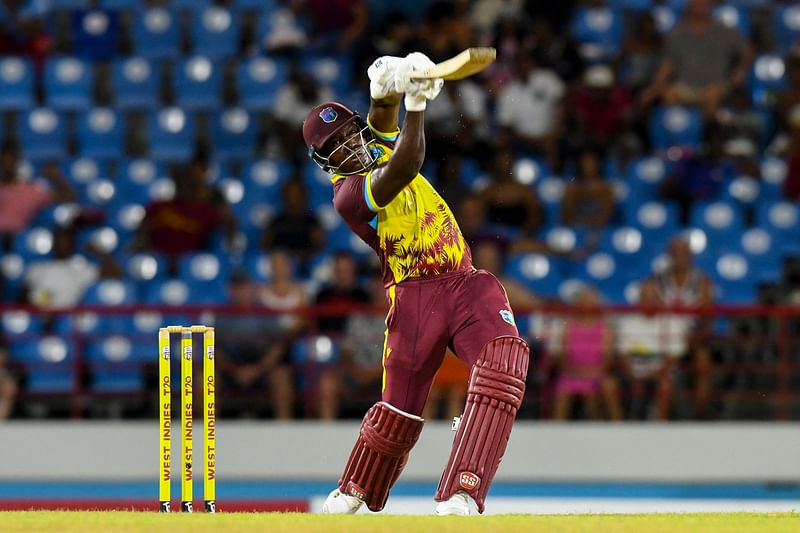 Rovman Powell of West Indies hits 6 during the 4th T20I cricket match between England and West Indies and at Daren Sammy Cricket Ground in Gros Islet, Saint Lucia, on 16 November, 2024.