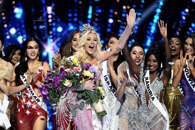 The newly crowned Miss Universe 2024, Victoria Kjaer Theilvig (C) from Denmark, reacts as she celebrates amid the other participants after winning the 73rd edition of the Miss Universe pageant in Mexico City on 16 November, 2024.