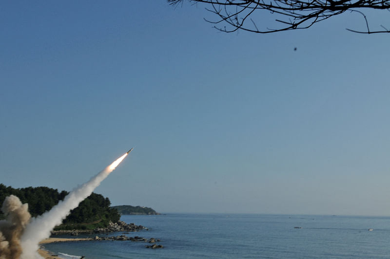 United States and South Korean troops utilizing the Army Tactical Missile System (ATACMS) and South Korea's Hyunmoo Missile II, fire missiles into the waters of the East Sea, off South Korea on 5 July 2017.