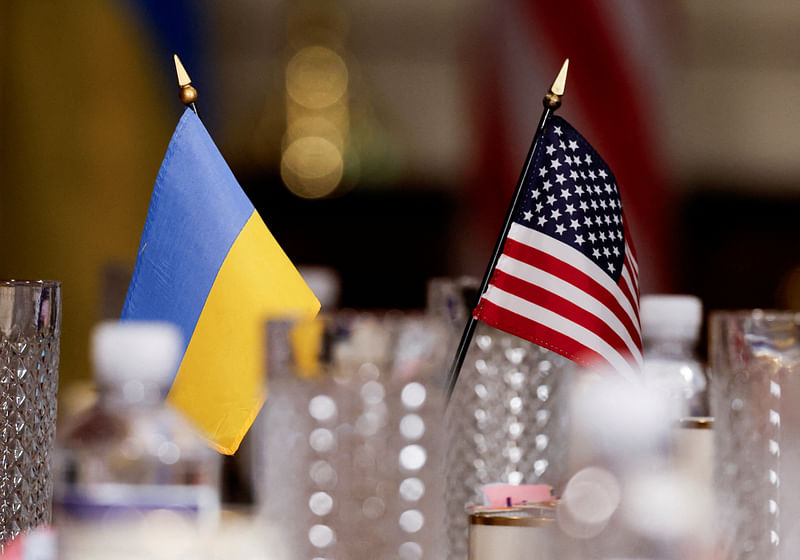 Flags of Ukraine and US are pictured during a meeting between the US Secretary of Defense Lloyd Austin and Ukrainian Defense Minister Rustem Umerov at the Pentagon, in Washington, US, on 30 August 2024