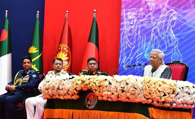 The chief adviser addressing a reception accorded to the gallantry award winning freedom fighters and their inheritors arranged by the Armed Forces Division in Dhaka Cantonment's Multipurpose Complex on the Armed Forces Day