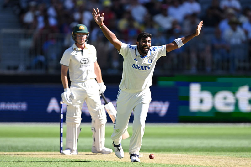 India’s Jasprit Bumrah appeals for the lbw wicket of Australia’s Nathan McSweeney, awarded on review