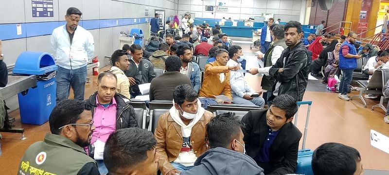 Bangladeshi expatriates who returned home from conflict-stricken Lebanon are seen at Hazrat Shahjalal International Airport, Dhaka on 21 November 2024