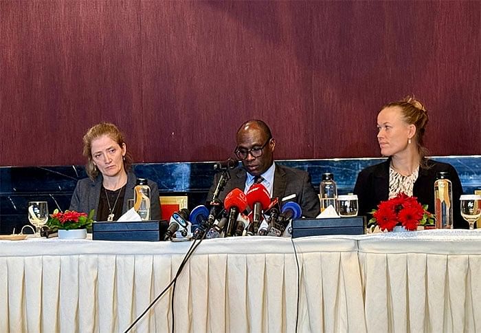 ICC’s Senior Trial Lawyer Essa Mbye Faal addresses a press briefing at a city hotel on 27 November 2024