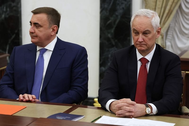 In this pool photograph distributed by the Russian state agency Sputnik, Russia's Defence Minister Andrei Belousov (R) attends a meeting of Russian President with military chiefs in Moscow on November 22, 2024