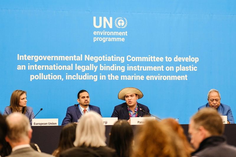 Head of delegations from the European Union, Aniko Raisz, Sivendra Michael of Fiji, Juan Carlos Monterrey Gomez of Panama and Andrew Yatilman of the Federated States of Micronesia speak at a press conference in Busan on 29 November, 2024, during the 5th meeting of the Intergovernmental Negotiating Committee to develop an international legally binding instrument on plastic pollution (INC-5).