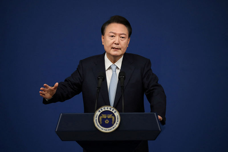 South Korean President Yoon Suk Yeol delivers a speech during his briefing on state affairs at a press conference at the presidential office in Seoul, South Korea, 29 August 2024.