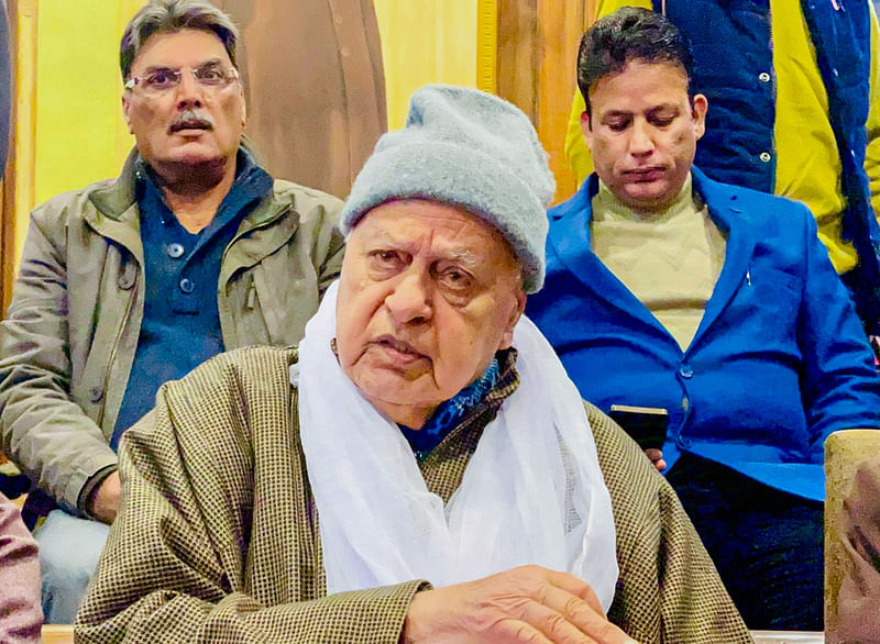 Jammu and Kashmir National Conference (JKNC) president Farooq Abdullah during senior party leaders meeting ahead of Panchayats and Urban Local Bodies (ULBs) elections, at party headquarters in Jammu on 2 December 2024.