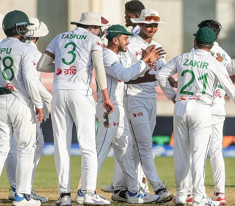 Bangladesh team celebrate victory on the second Test over West Indies