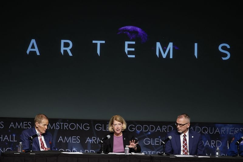 (L to R) NASA Administrator Bill Nelson, NASA Deputy Administrator Pamela Melroy, Jim Free, associate administrator for NASA National Aeronautics and Space Administration speak during a news conference about the agency’s Artemis campaign at the James E Webb Auditorium at NASA Headquarters in Washington, DC, on 5 December, 2024.