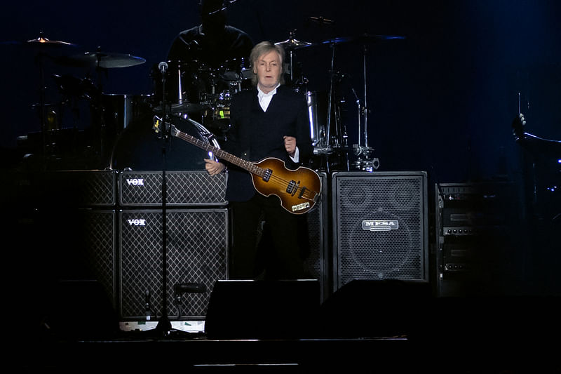 British musician Paul McCartney performs on stage during his "Phenomenal Got Back tour !" at the Paris La Defense Arena in Nanterre, on the outskirts of Paris, on 4 December, 2024.