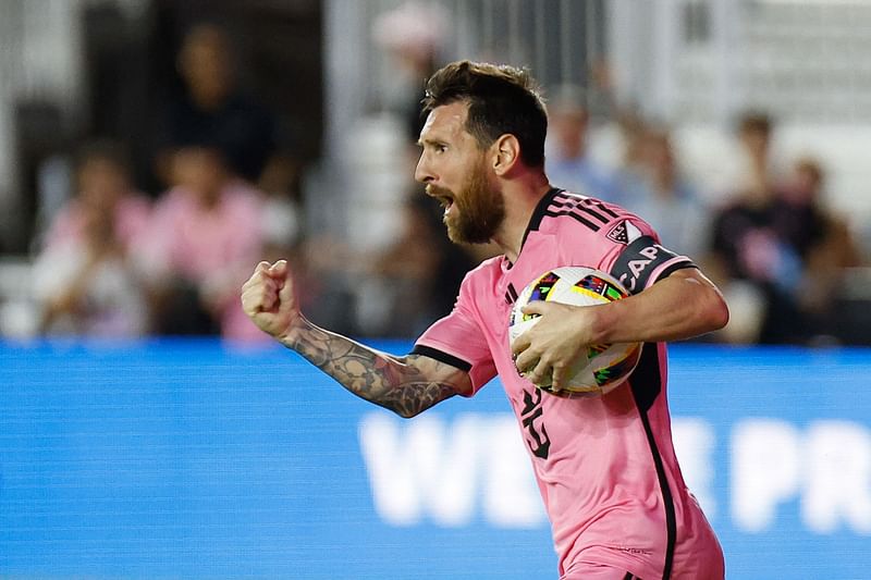 Inter Miami's Argentine forward #10 Lionel Messi celebrates his goal during the Major League Soccer (MLS) Eastern Conference semifinal second leg between Inter Miami CF and Atlanta United FC at Chase Stadium in Fort Lauderdale, Florida, on 9 November, 2024.