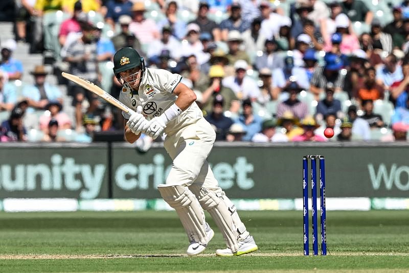 Australia's Marnus Labuschagne plays a shot on the second day of the second Test cricket match between Australia and India at the Adelaide Oval in Adelaide on 7 December, 2024.