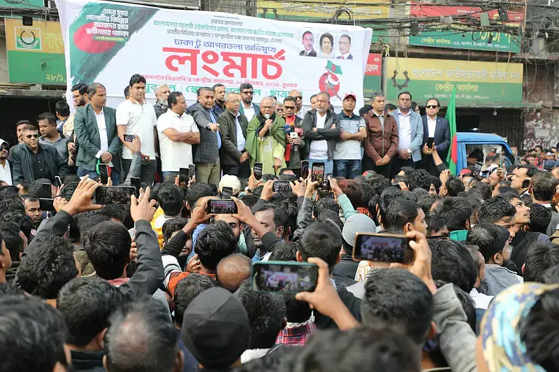 BNP senior joint secretary general Ruhul Kabir Rizvi addresses a brief rally organised before the starting of the long march in Dhaka on 11 December 2024