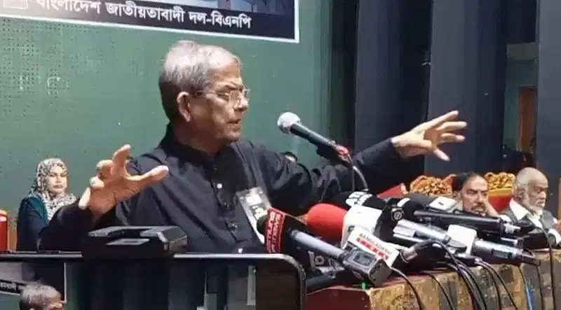 BNP secretary general Mirza Fakhrul Islam Alamgir addresses a discussion marking the Martyred Intellectuals Day at the auditorium of The Institution of Engineers, Bangladesh in Dhaka on 13 December 2024