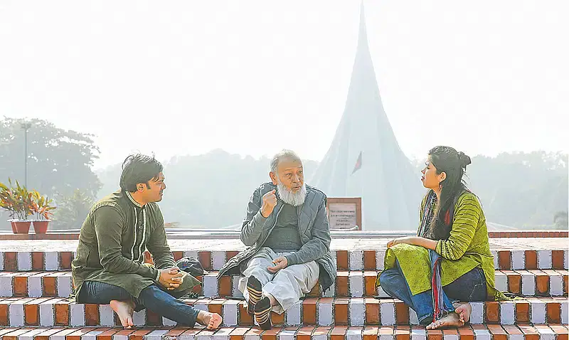 Freedom fighter Colonel (retd) Bazlul Gani Patwari and two organisers of student-people uprising Ariful Islam and Nazifa Jannat discuss about the background of the Liberation War in 1971 and the mass uprising in 2024 on the premises of the National Memorial in Savar on 11 December 2024