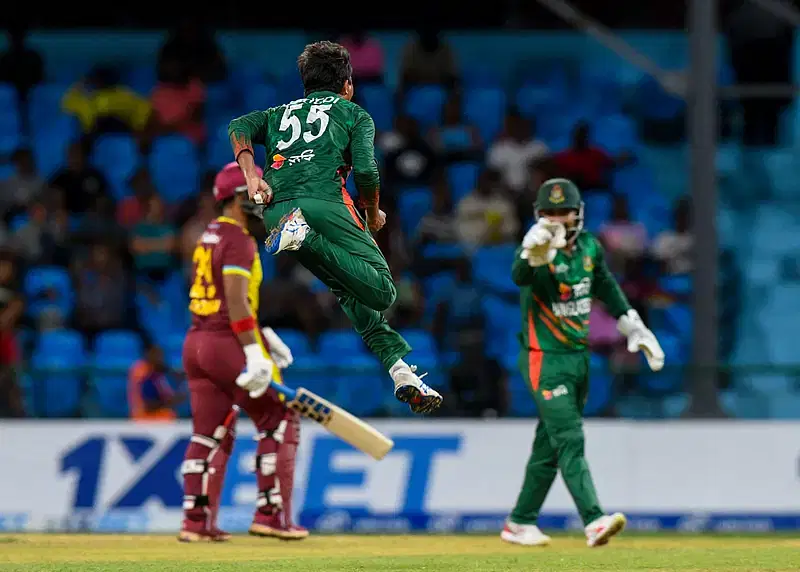 All-rounder Mahidy Hasan celebrates taking a wicket of West Indies in the 2nd T20I at Kingstown