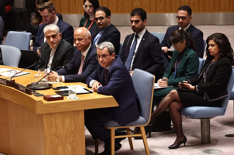 Ahmet Yildiz, Permanent Representative of Türkiye to the United Nations, (C) speaks during a United Nations Security Council meeting on the situation in the Middle East at the United Nations headquarters on December 17, 2024 in New York City