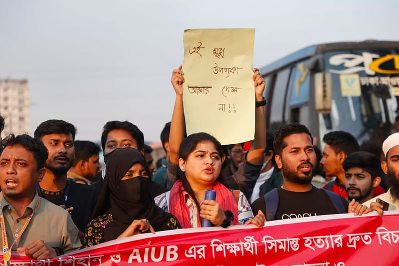 A group of students today demonstrated in the city's Rampura area seeking justice for murder of two students