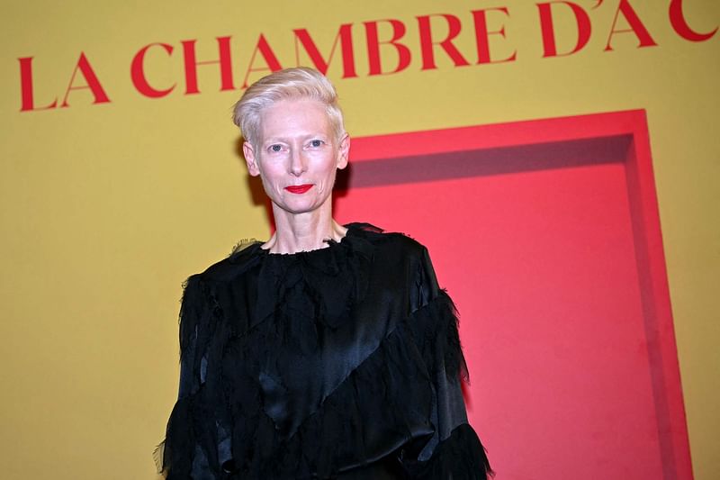 British actress Tilda Swinton poses during the photocall for the premiere of the Spanish film 'La Habitacion de al Lado' (The Room Next Door) at the Pathe Palace cinema in Paris on 16 December, 2024.