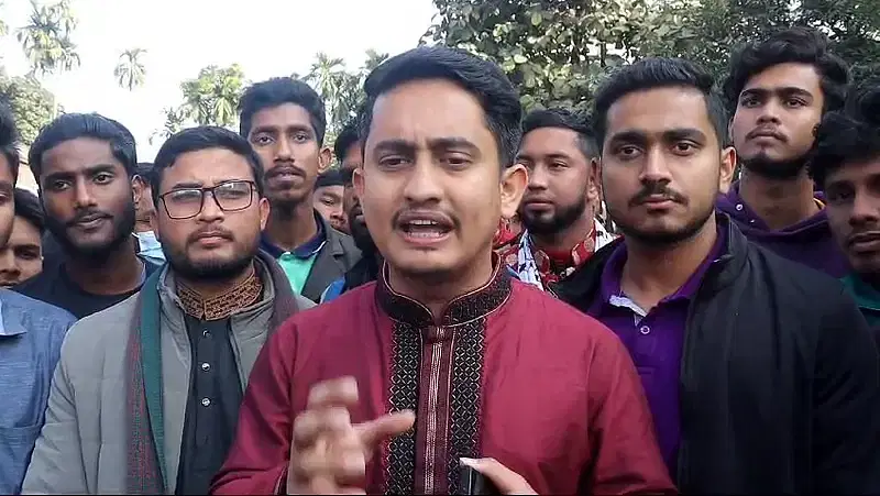 Sarjis Alam talks to the media following an exchange of views with the coordinators of students against discrimination at Panchagarh government auditorium on 26 December 2024.