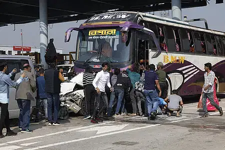 A bus of ‘Bepari Paribahan’ hit and wrecked a microbus, a car and a motorcycle standing at Dhaleshwari Toll Plaza on Dhaka-Mawa Expressway around 11:00 am on Friday morning.