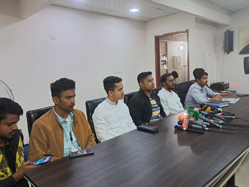 Leaders of the Students Against Discrimination speak at a press conference at the platform’s central office in the capital’s Banglamotor on 29 December 2024.