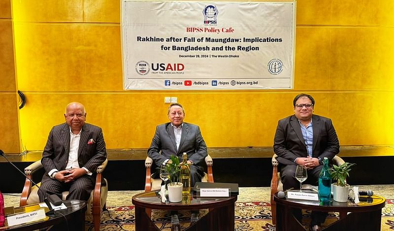 Speakers at a BIPSS's policy cafe titled "Rakhine after the Fall of Maungdaw: Implications for Bangladesh and the Region" in Dhka on 28 December 2024.