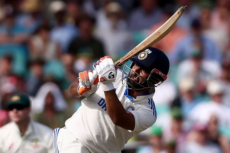 India's Rishabh Pant hits a six on day two of the fifth Test match between Australia and India at the Sydney Cricket Ground on 4 January, 2025.