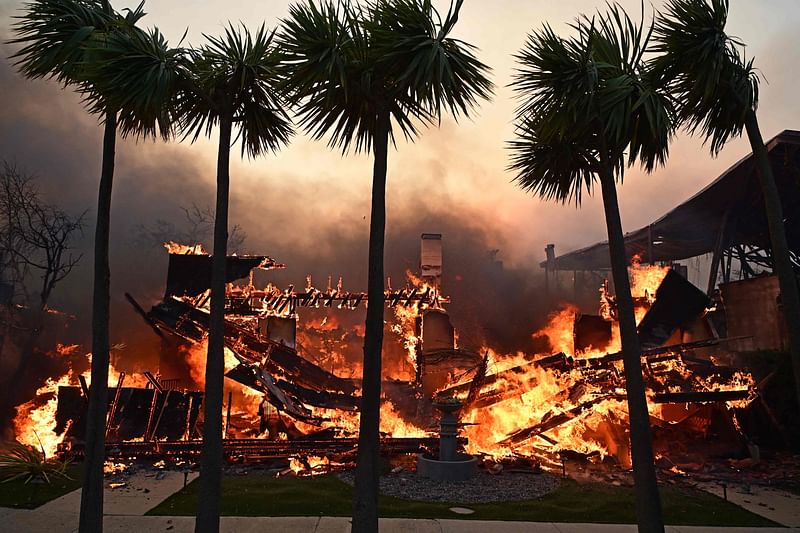 A home burns during the Palisades Fire in Pacific Palisades, California, on 8 January, 2025