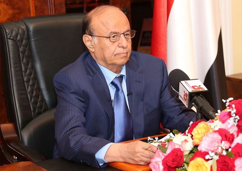 Yemeni president Abedrabbo Mansour Hadi delivering a speech in the southern city of Aden on 21 March 2015