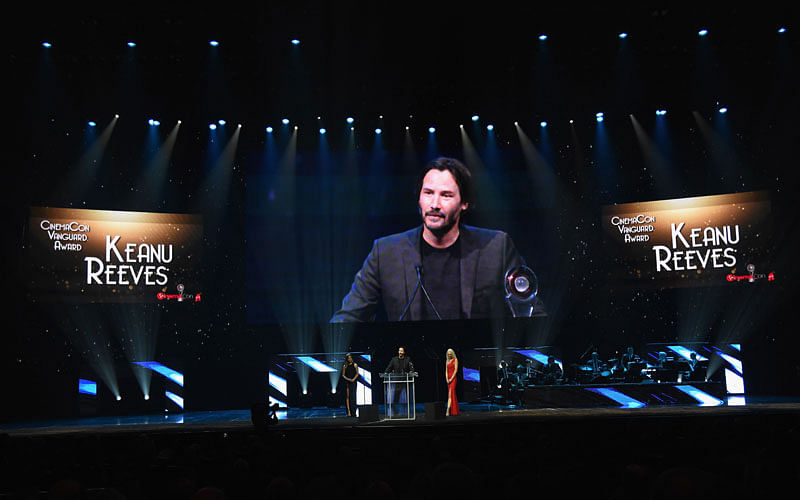 Actor Keanu Reeves accepts the Vanguard Award during the CinemaCon Big Screen Achievement Awards brought to you by the Coca-Cola Company at The Colosseum at Caesars Palace during CinemaCon, the official convention of the National Association of Theatre Owners, on 14 April 2016 in Las Vegas, Nevada.