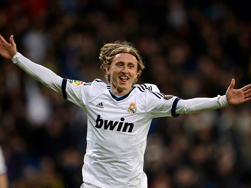 Real Madrid's Croatian midfielder Luka Modric celebrates scoring a goal