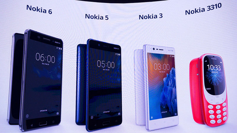 New phone models by Nokia are displayed on a screen during the presentation of the new models `Nokia 6`, `Nokia 5`, `Nokia 3` and `Nokia 3310` during a press conference. Photo: AFP