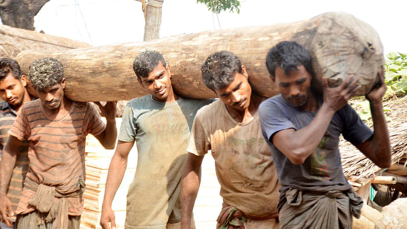 Labourers carry a giant log on their shoulders at Customs Terminal in Khulna district ahead of May Day.