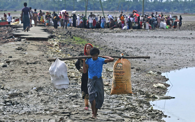 Rohingyas flee the violence-trodden Rakhine state in Myanmar. This picture was taken from Hariakhali area of Teknaf, Cox`s Bazar