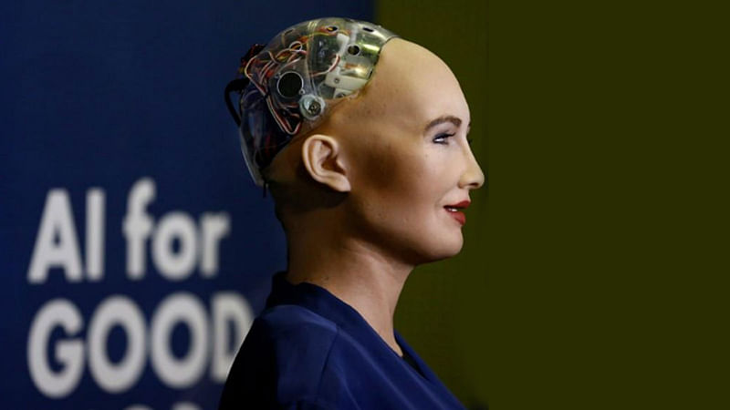 Sophia, a robot integrating the latest technologies and artificial intelligence developed by Hanson Robotics is pictured during a presentation at the `AI for Good` Global Summit at the International Telecommunication Union (ITU) in Geneva, Switzerland, on 7 June 2017.