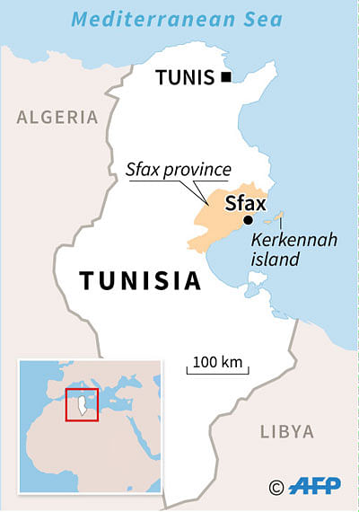 Map of Tunisia locating the city of Sfax and Kerkennah island, close to where the bodies of many migrants were recovered on Sunday.