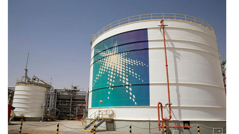 An Aramco oil tank is seen at the Production facility at Saudi Aramco`s Shaybah oilfield in the Empty Quarter, Saudi Arabia on 22 May 2018