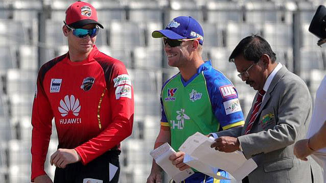 Steven Smith (L) and David Warner are seen before a Bangladesh Premier League match