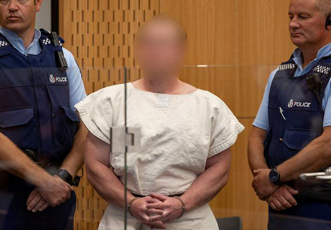 Brenton Tarrant, charged for murder in relation to the mosque attacks, is seen in the dock during his appearance in the Christchurch District Court.