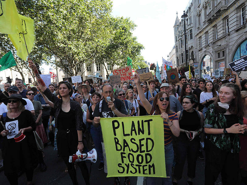 Protesters with placards and banners block the street during a demonstration organised by climate change activists from Extinction Rebellion outside the Brazilian embassy in central London on 23 August 2019 calling on Brazil to act to protect the Amazon rainforest from deforestation and fire.