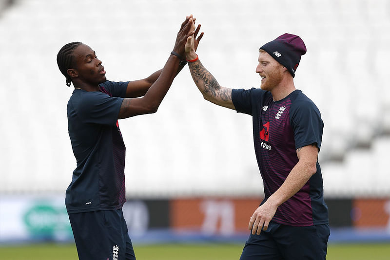 English pacer Jofra Archer and all-rounder Ben Stokes during a practice session