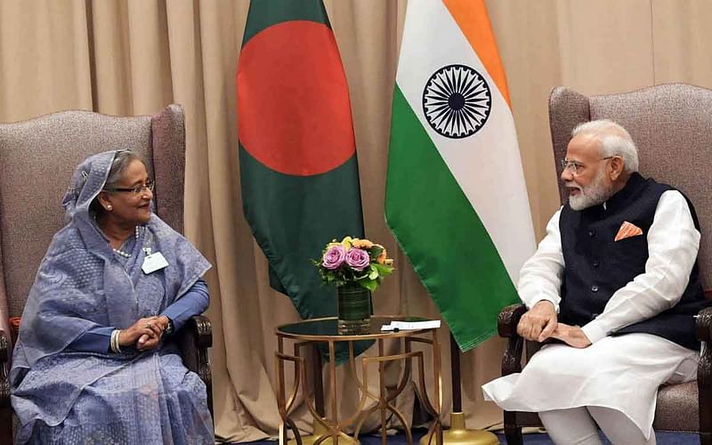 Prime minister Sheikh Hasina and Indian prime minister Narendra Modi hold a meeting at the Bilateral Meeting Room of the Lotte New York Palace Hotel on 27 September