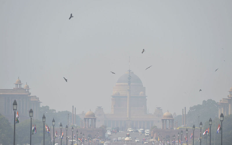 Heavy air pollution is pictured around Rashtrapati Bhavan and government buildings in New Delhi on 15 October 2019.