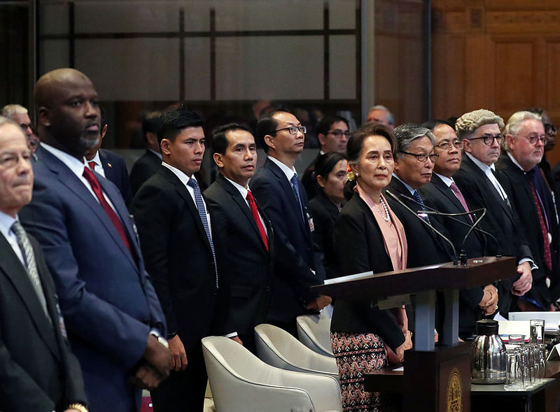 Gambia's justice minister Abubacarr Tambadou and Myanma's leader Aung San Suu Kyi attend a hearing in a case filed by Gambia against Myanmar alleging genocide against the minority Muslim Rohingya population, at the International Court of Justice (ICJ) in The Hague, Netherlands on 10 December 2019