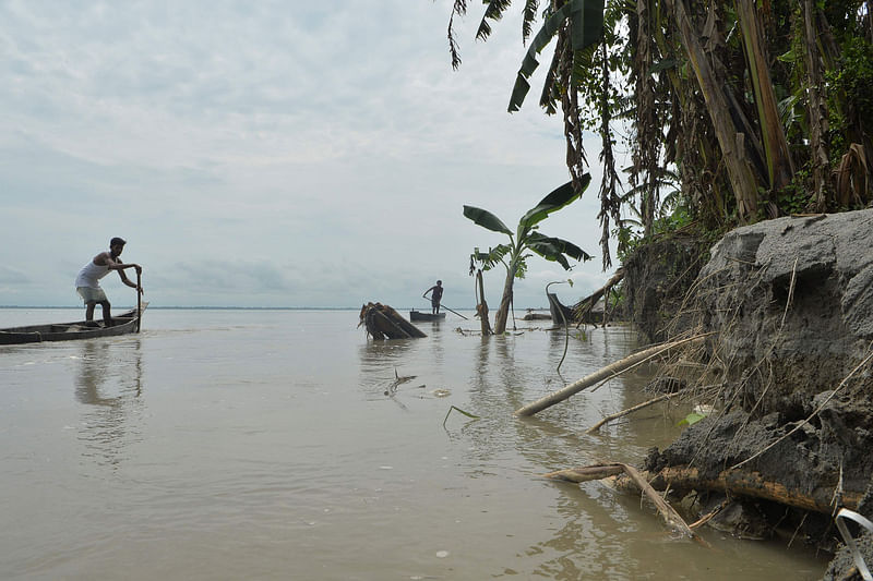 In this picture taken on a7 September 2019, villagers collect wood from the Brahmaputra river at Majuli island in the northeastern Indian state of Assam. Once a vast river island in the heart of the Brahmpatura, now Majuli`s days are numbered: Experts warn it may disappear entirely by 2040 as ever more violent flooding swells the river, wreaking havoc on the lives of those that live along its banks. Photo: AFP